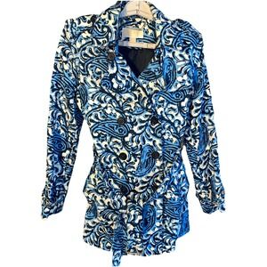 MICHAEL Kors Blue Paisley Belted Short Trench Coat Epaulets MS52H971PJ Medium
